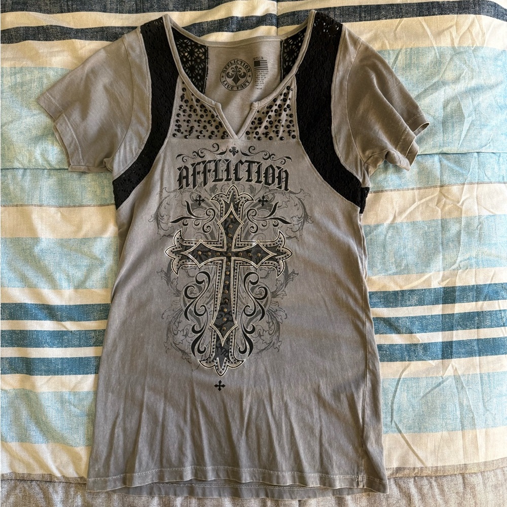 Affliction Gray Tee with Cross and Stud Accents